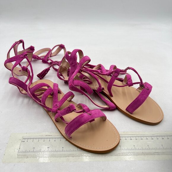 YDN Pink Sexy Knee High Lace up Flats Fringe Low Heel Gladiator Strap Sandals - Picture 4 of 8